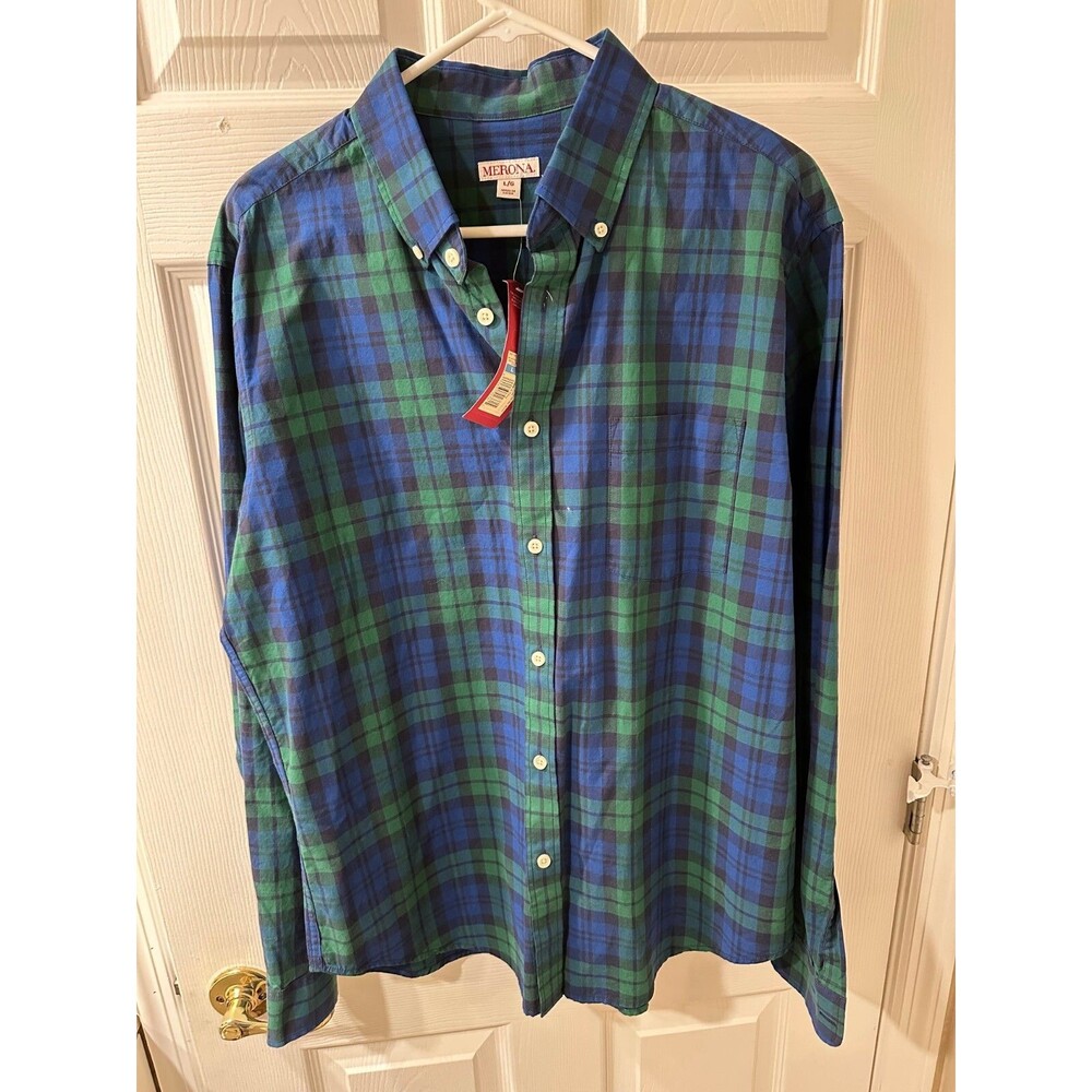 NWT Merona Size Large Blue and Green Pattern Button Down Long Sleeve Shirt Men's